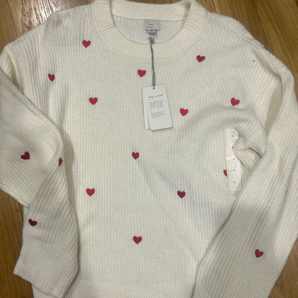 a new day Cream Sweater with Pink Hearts
